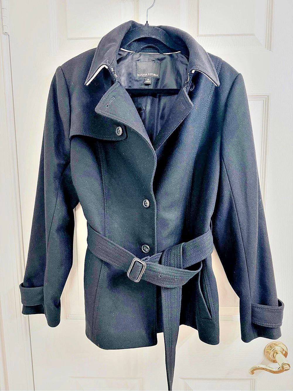 Banana Republic Melton Black Wool Blend Short Trench Coat with Belt Size 12